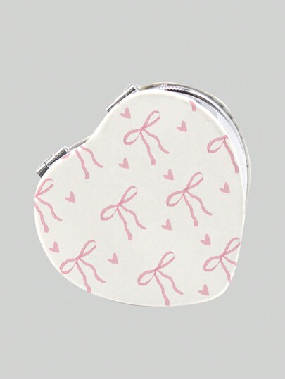 Kawaii 1 pezzo Specchietto da trucco portatile con forma a cuore, stampa a fiori con fiocco rosa e cuori, in PU, per ragazze (posizionamento del motivo floreale casuale)
