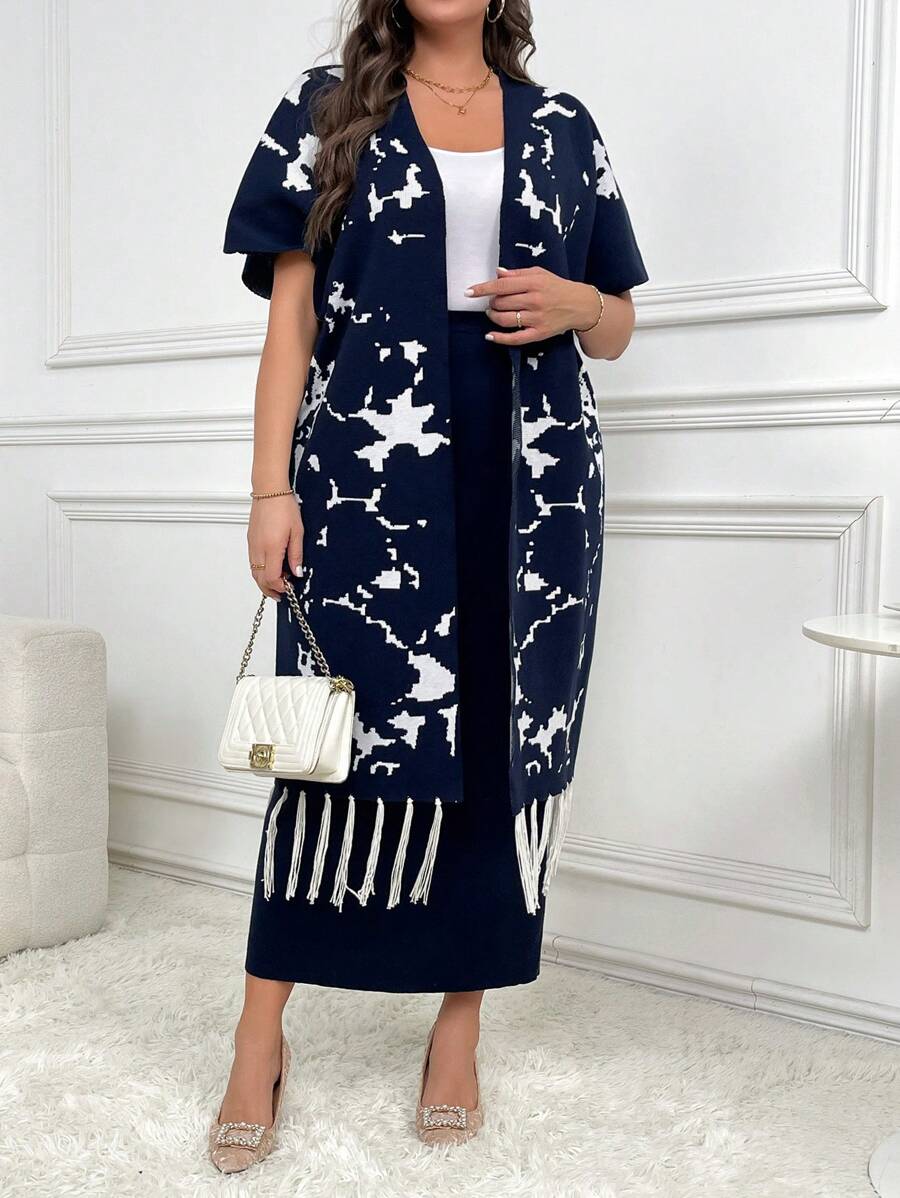 Mulvari Große Größen Grafik Muster Set mit Quasten Saum Kurzarm Strickjacke & Hose 2 Teile Set