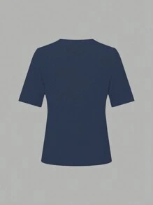 RosyDaze Áo thun nữ tay ngắn cổ tròn màu trơn đơn giản - Xanh đậm - Xem 2