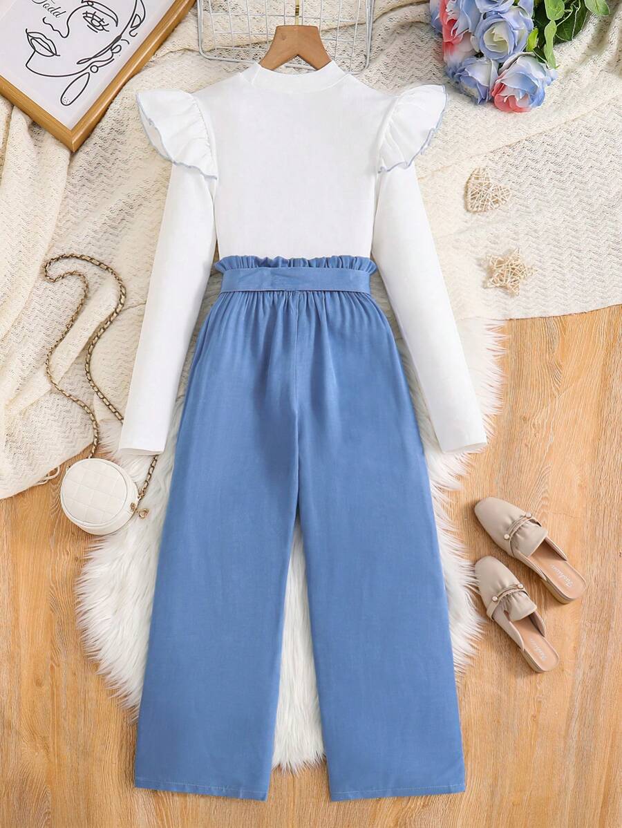 SHEIN 2pcs/Set Young Women's Spring/Autumn Knit Short Cap Sleeve Fitted TShirt + Woven Loose