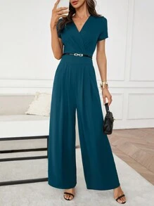 Ellevyn Salopetă elegantă cu mânecă scurtă de culoare solidă pentru femei