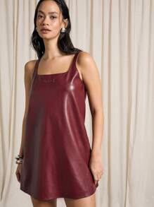 AiiRZ Square Neck PU Mini Dress With Branding - Burgundy - View 7