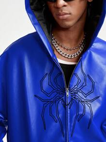 Manfinity VCAY 男士前拉链长袖印花休闲连帽夹克和外套，适合秋冬 - 藍色 - 查看 5