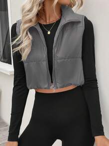 SHEIN LUNE 纯色拉链无袖加垫背心，休闲秋冬装 - 灰色 - 查看 5