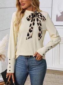 INAWLY Women Leopard Print Lace-Up Thermal Undershirt, Autumn/Winter Graphic Cheetah Print Tees Women Tops - Apricot - View 1