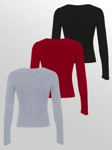 INAWLY 女士休闲纯色长袖 T 恤，百搭简约，秋季 - 彩色 - 查看 2