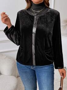 Plus Size Korean Plush & PU Leather Collar Splice Mushroom Button Decor Round Neck Long Sleeve Short Jacket - Black - View 4