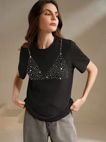 Anewsta Women's Glamorous Rhinestone Embellished Crew Neck Short Sleeve T-Shirt