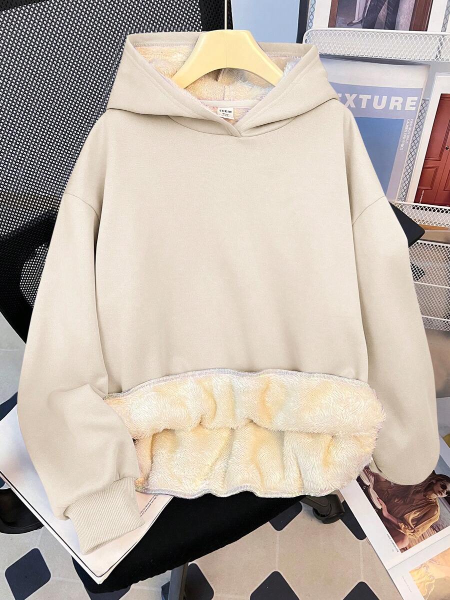 Teen Girl Solid Color Block White Casual Loose Fit Sweatshirt, In Fall/Winter - Apricot - View 1
