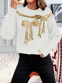 SHEIN Clasi Women's Fashion Bowknot Sequin Pullover Sweater, Christmas Knit Pullover Fall Winter