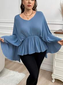 SHEIN LUNE Plus Size Exaggerated Ruffle Sleeve Cinched Waist Concealing Top Blouse Thanksgiving Women New Years