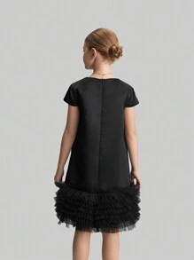 Ontre Tween Girl's Casual Contrast Mesh Splice Dress - Black - View 2