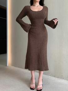 DAZY Women's Solid Round Neck Ribbed Knitted Long Sleeve Elegant Sweater Dress