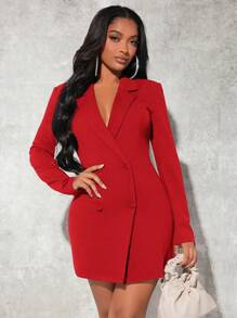 SHEIN SXY Women's Front Button Long Sleeve Basic Lapel Casual Blazer Jacket - Red - View 3