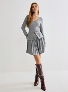 Enchnt Winter Romantic Plain V Collar Long Sleeve Single-Breasted Casual T-Shirt And Pleated Mini Skirt 2 Pieces Set, For Christmas Party&Romantic Dinner Dates, Daily Wear
