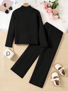 2 件套 Tween Girl 秋冬保暖套装，时尚休闲高领套头衫，开衩下摆，阔腿裤针织套装，适合居家、外出和旅行 - 黑色 - 查看 2