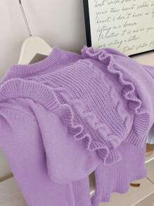 Tween Girls Blue Frill Trim Sweater Set, The Unique Frill Trim Design On The Set Adds A Touch Of Sweetness And Cuteness For Kids - Purple - View 6