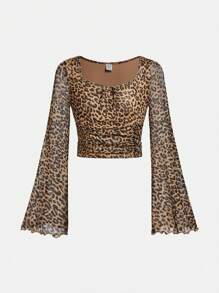 SHEIN Girlism 青少年女孩合身圆领腰部褶皱豹纹休闲喇叭袖 T 恤 - 棕色 - 查看 1