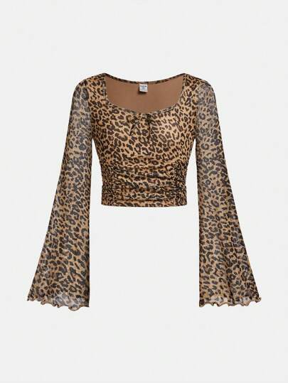 SHEIN Girlism 青少年女孩合身圆领腰部褶皱豹纹休闲喇叭袖 T 恤