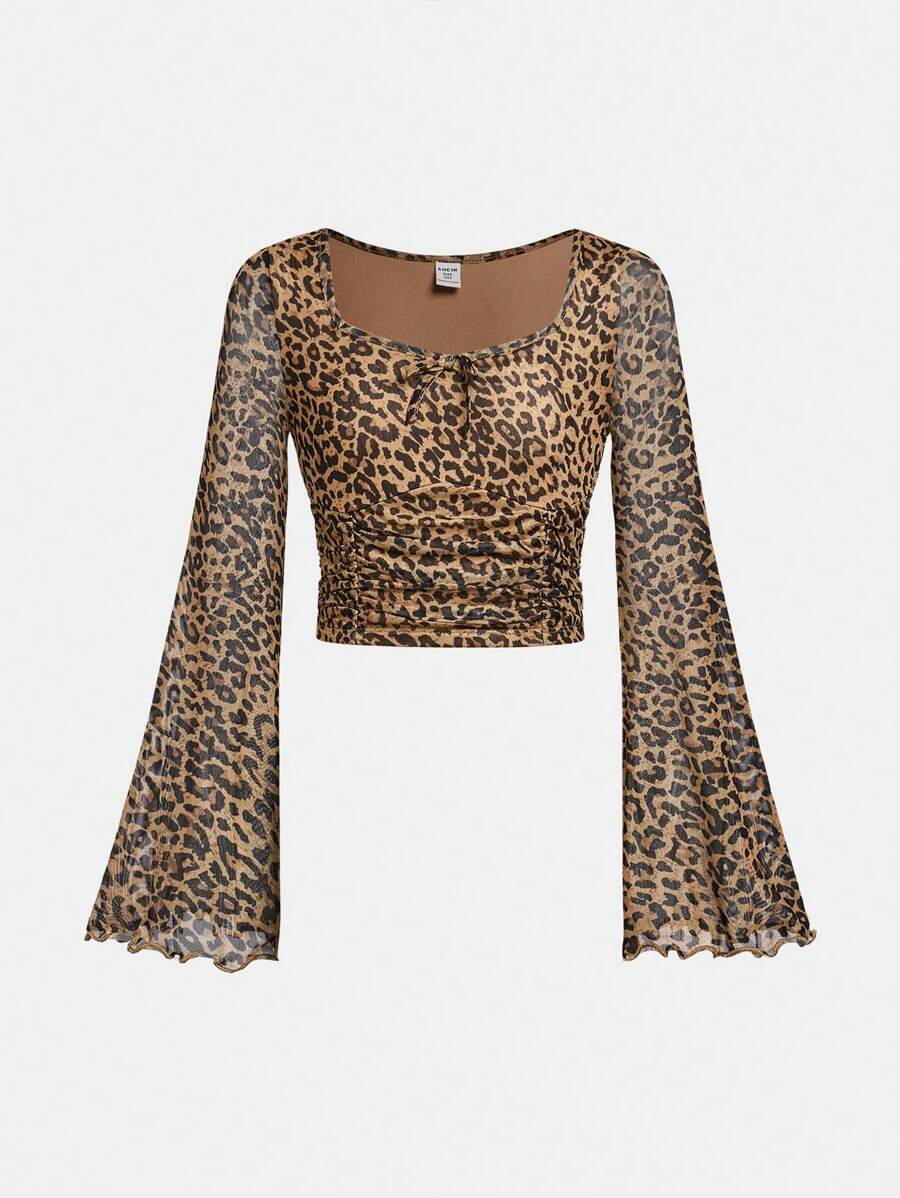 SHEIN Girlism 青少年女孩合身圆领腰部褶皱豹纹休闲喇叭袖 T 恤 - 棕色 - 查看 1