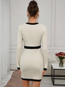 SHEIN Clasi 女士秋冬保暖羊毛拼接圆领长袖修身优雅迷你连衣裙休闲感恩节服装女士连衣裙女士长袖连衣裙