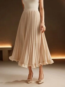 Anewsta Elegant Commuting Apricot Color Pleated Woven Ruffle Hem Skirt For Women Maxi - Apricot - View 1