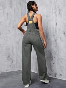 SHEIN EZwear 纯色口袋粗肩带休闲百搭无袖牛仔连体裤 - 灰色 - 查看 2