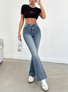 SHEIN PETITE Petite Women High Waist Slit Flare Leg Jeans - Medium Wash - View 8