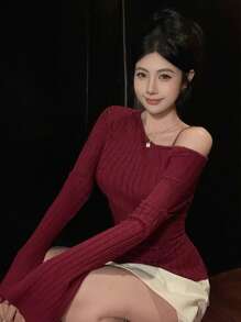 DAZY 女式修身斜肩长袖露肩毛衣秋季 - 紅色 - 查看 3