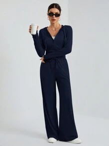 SHEIN Tall Conjunto informal de dos piezas con top gris con capucha y cremallera al frente ajustado + pantalón de pierna ancha