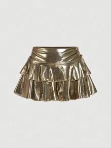 SHEIN MOD Women's Vintage Black & Gold Mini Skirt,Tiered Cake Layer,Glittery Skirt,Old Money Skirt,New Years Skirt,Y2k Skirt,Party ,Holiday