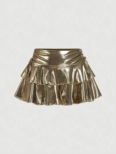 SHEIN MOD 女士复古黑金迷你裙、多层蛋糕裙、闪光裙、复古裙、新年裙、Y2k 裙、派对、节日