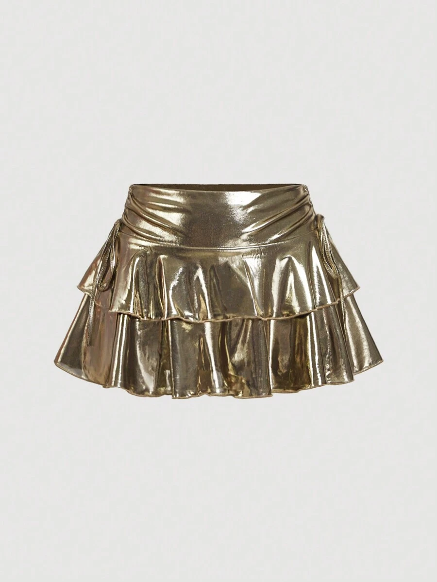 SHEIN MOD Women's Vintage Black & Gold Mini Skirt,Tiered Cake Layer,Glittery Skirt,Old Money Skirt,New Years Skirt,Y2k Skirt,Party ,Holiday