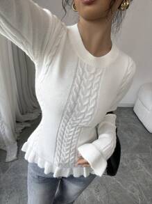 Chiquease 女士荷叶边麻花针织长袖毛衣，适合秋冬季节穿着