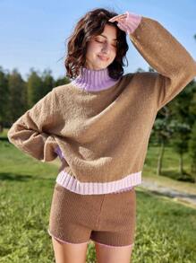 Skyraze Casual Khaki Color Block Drawstring Waist Knit Shorts - Khaki - View 4