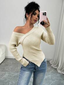 Chiquease 优雅露肩打结针织套头毛衣，适合女士秋冬穿着