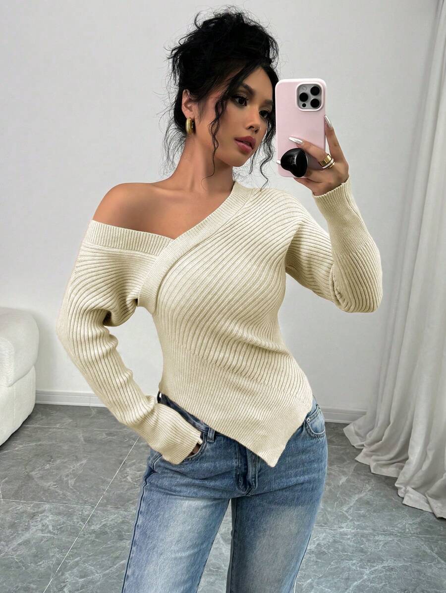 Chiquease 优雅露肩打结针织套头毛衣，适合女士秋冬穿着