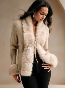 SHEIN X Jwoww Anewsta Elegant Fox Fur Knitted Cardigan Sweater For Women - Khaki - View 7