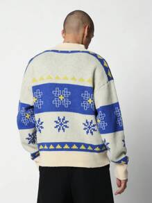 SUMWON Vintage Nordic Sweater Fair Isle Pattern Cozy Winter Oversized Knit Pullover Traditional Snowflake Design Holiday Season Chunky Funnel Neck Casual Festive Jumper - Apricot - View 2