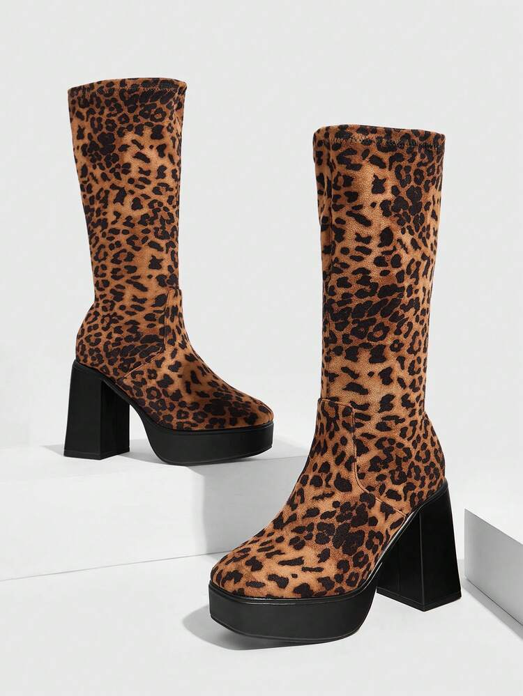 CUCCOO GRLICON Women's Leopard Print Over-The-Knee Boots, Y2K, Punk, Biker, Cool Girl Style, Suitable For Halloween, Christmas, Party