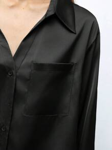 Maija Women's Black Solid Satin Tweed Fabric Drop Shoulder Long Sleeve Single-Breasted Pocket Loose Long Sleeve Casual Fashion Shirt Top, Early Spring,Fall Women Clothes,European Summer