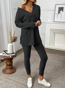 SHEIN LUNE 2pcs/Set Women Solid Color V-Neck Long Sleeve Top And Pants Set - Dark Grey - View 4