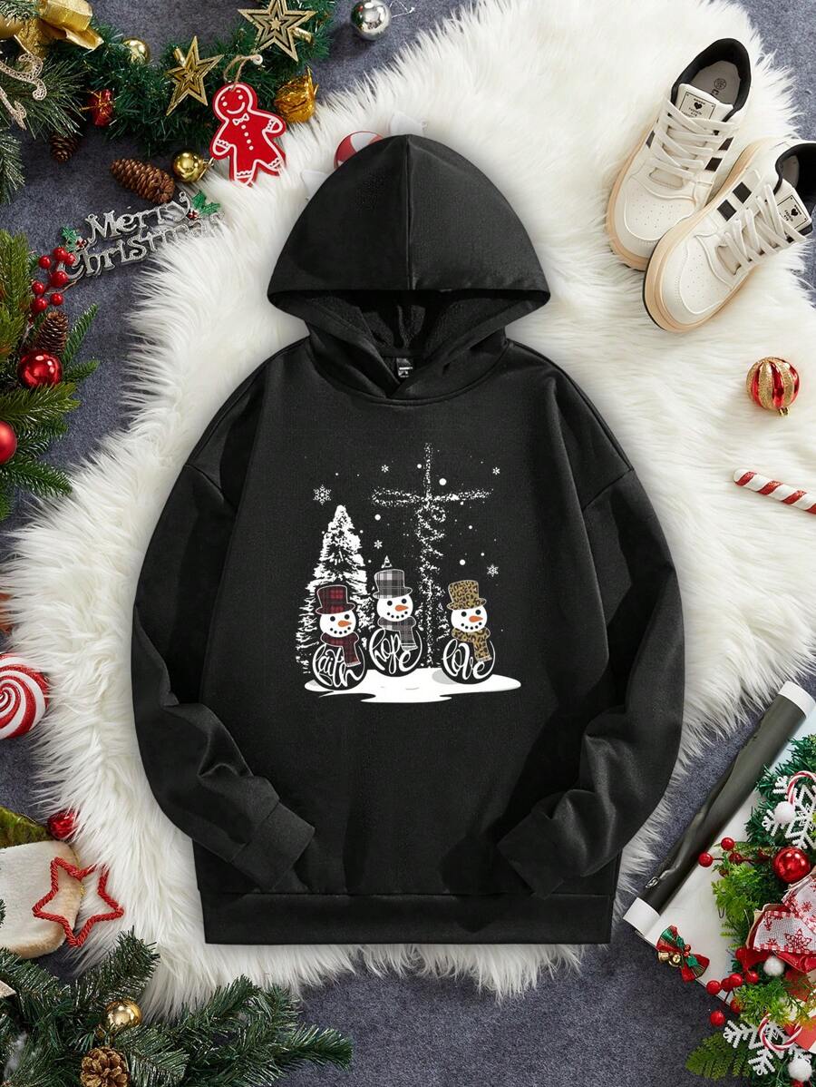 Manfinity Homme Men's Loose Fit Fun Snowman Christmas Pattern Dropped Shoulder Thick Hoodie - Black - View 1