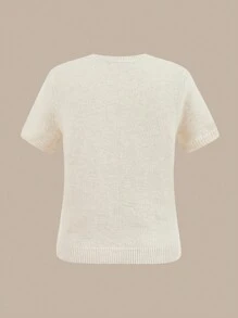 SHEIN BASICS Áo len cổ tròn tay ngắn màu trơn thường ngày cho nữ - Màu be - Xem 2