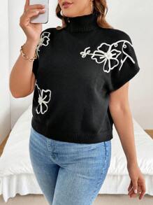 SHEIN VCAY Plus Size Floral Applique Turtleneck Elegant Short Sleeve Sweater - Black - View 1