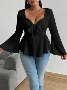 Flirla Plus Size Solid Rib-Knit Twist Front Flare Sleeve T-Shirt Fall Cloth For Women - Black - View 5