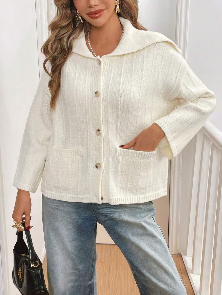 SHEIN Frenchy Women Casual Solid Color Cardigan, Simple And Fashionable For Daily Wear,French Solid Color Textured Lapel Buttoned Sweater Cardigan
Simple Daily Wear,Old Money,Commute,Suitable For Spring And Fall And Winter