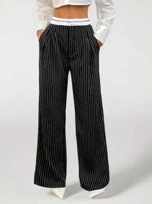 SHEIN PETITE Spliced ​​Waistband Yarn-Dyed Striped Suit Trousers