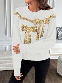 SHEIN Clasi Women's Fashion Bowknot Sequin Pullover Sweater, Christmas Knit Pullover Fall Winter