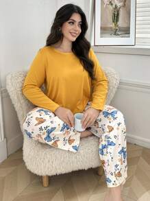 Solid Color Long Sleeve Shirt And Butterfly Print Long Pants Pajama Set